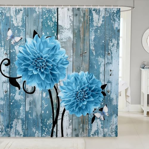 Homewish Cortina de ducha floral de 72 pulgadas de ancho x 78 pulgadas de largo, cortinas de baño impermeables con flores de dalia azul, cortina de baño rústica, cortina de baño retro de madera