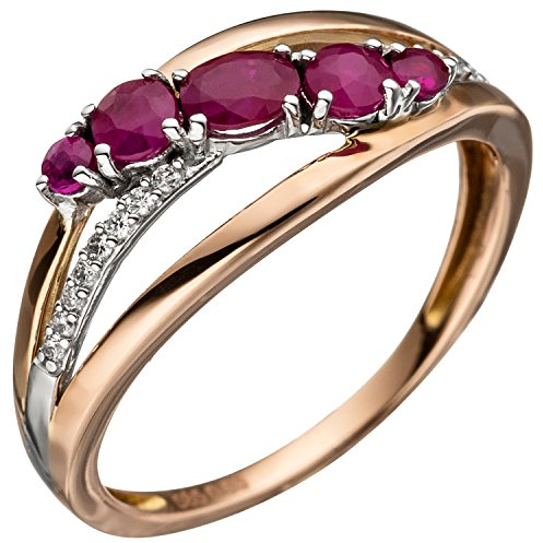 Jobo Damen-Ring aus 14 Karat 585 Rosegold mit 16 Diamanten und Rubin Größe 54
