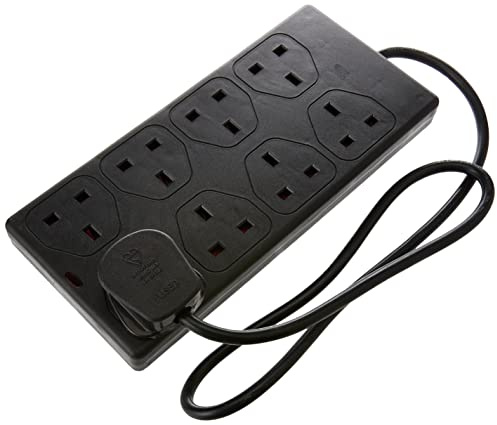 PRO ELEC 8‑Gang Mains Extension Lead, 1m Cable, 13A, Black – PEL01374