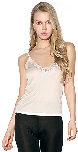 SilRiver Dam Silke Spetslinne Djup V-ringad Cami-topp, Vitt, S