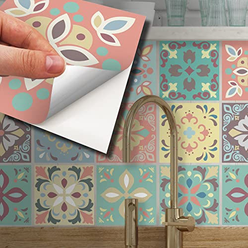 WALPLUS Bathroom Tile Stickers 15cm x 15cm (6) Self Adhesive Stick on Tiles Kitchen Removable Peel and Stick Backsplash Marbella Colorful Stairs Walls Renovation 24 PCS