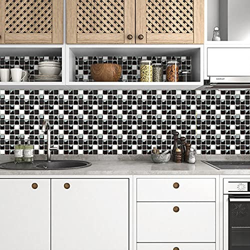 Stick on Tiles Classic Black White Tile Stickers PVC Self Adhesive Wall Tiles Heat Resistant Tile Stickers for Kitchen Bathroom Waterproof Peel and Stick Floor Tiles Tile Paint 10x10cm