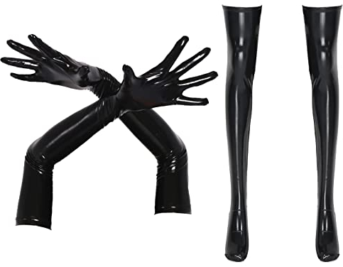 Mufeng Women's PVC Leather Thigh High Stokings with Full Fingers Gloves Set Cosplay Costumes Accessory Black L