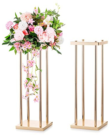 Sziqiqi Gold Vase Wedding Centerpieces, Column Vases with Plates, 2Pcs