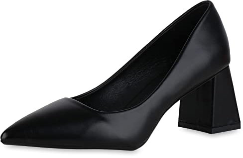 VAN HILL Damen Spitze Pumps Klassische Blockabsatz Schuhe Basic Absatzschuhe Freizeit Abendschuhe 208348 Schwarz 36