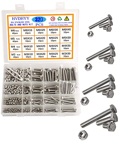 HVDHYY Lot de 320 vis à tête hexagonale DIN 933 M3 M4 M5 M6 - Vis et écrous en acier inoxydable A2-70 - Écrous et boulons - Contient 16 tailles les plus courantes avec boîte de rangement réutilisable