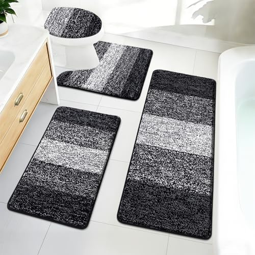 Bsmathom Badteppich-Set, 4-teilig, mit WC-Deckelbezug und Teppich-Set, rutschfeste Badematten für Badezimmer, weiche, zottelige, saugfähige Badezimmermatte mit U-förmigem WC-Vorleger für Badezimmer