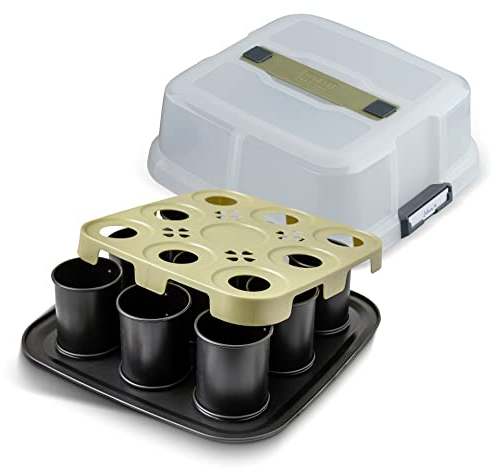 Zenker Bake, Click & Go 9er Törtchenblech mit Haube – 29 x 29 x 7 cm – Backform mit passendem Deckel für den direkten Transport – Kuchenform zum Backen & Transportieren