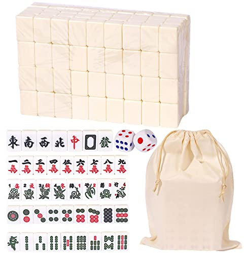 Yajimsa Chinesisches Mahjong-Set - Tragbarer Antiker Mahjong-Anzug mit 144 nummerierten Karten, 2 Würfeln und Aufbewahrungstasche