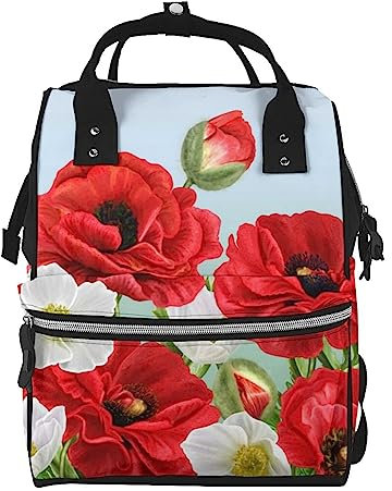 Rote Blumen Weiß Anemonen Muster Windel Tasche Windel Rucksack für Frauen Männer Mode Reisetaschen Casual Daypacks Rucksack, mehrfarbig, One size