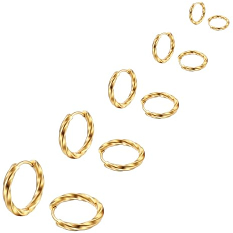 Hinvan 5 Paare Edelstahl Gold Ohrringe für Damen Herren, Ohrringe Herren Creolen Männer, Ohrringe Creolen Damen Gedrehte Gold Creolen Klein Set 8-16MM