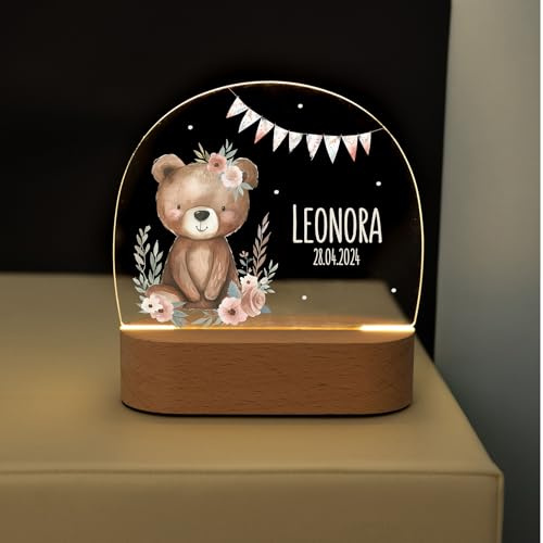 Bärenfreunde® - Personalisiertes Nachtlicht für Babys - Individuelle Nachttischlampe für Kinder - Personalisierte Geschenke Kinder - Babygeschenk - Geschenk zur Geburt (Bär Blumen Girlande)