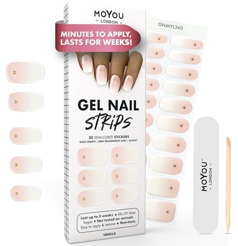 MOYOU LONDON Halbgehärtete Gel-Nagelstreifen - 20 Stück. Gel-Nagelfolien für eine Maniküre in Salonqualität - Funktioniert mit jeder UV-Nagellampe - Einfach anzuwenden