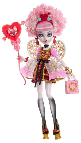 Monster High Cumplespantos Cupid Asteria Muñeca con vestido de fiesta rosa y rojo, y accesorios temáticos como una invitación, un globo, un regalo, un abanico y mucho más, JBG77