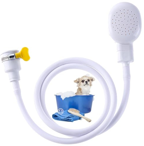 Amazleer Bath Single Tap Shower Attachment for Pet Dog Shower, 1.3M Push-On Rubber Hose with Handheld Portable Shower Head with Fit Clamp for Bathroom, Kitchen Sink, Hair Washing (White)