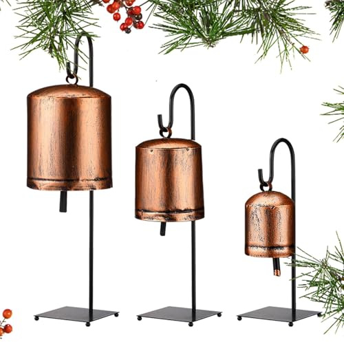 3 Piezas Campanas Campestres Vintage con Soporte de Metal, Campanas Navideñas Armonía Rústica Vintage Gigantes, Campanas de Latón para Festivales Decoración Navideña Campanas de Vaca