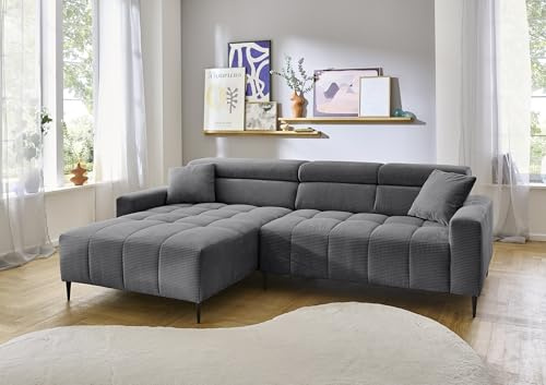 Wohnlandschaft >Stanislaw< in grau, Ottomane links, elektrische Sitztiefenverstellung, Metallfüße schwarz gepulvert, Nosagunterfederung, Polyätherschaum, inkl. 2 Zierkissen, 256x78-100x180 cm (BxHxT)