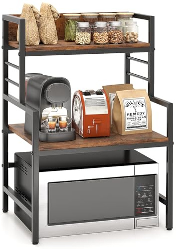 COSTWAY 3-Tier Microwave Shelf Stand, Countertop Microwave Oven Rack with 2 Anti-tipping Kits and Adjustable Foot Pads, Kitchen Baker's Rack Spices Storage Organizer