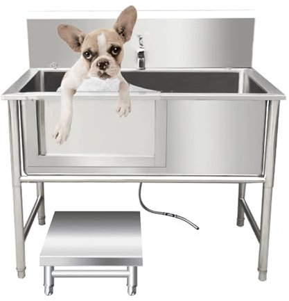 Baignoire pour chien en acier inoxydable, avec escalier, baignoire de toilettage pour chien, lavabo de douche pour chien et chat, station de lavage pour chien, porte gauche avec tabouret mul