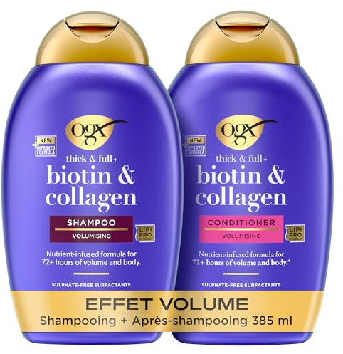 OGX – Shampooing + Après-Shampooing Biotin & Collagen Effet Volume (2 flacons de 385 ml) – Routine de soin cheveux à la biotine et au collagène – Soin capillaire pour 72h de volume