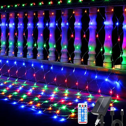 Hulaiyaa Wasserdichte Lichter Kette Netz Solar 96 LEDs, 1.5 * 1.5M Fernbedienung Net Lichterketten mit Timer, 8 Modi Lichternetz Außen fur Weihnachts Büsche Garten, Lichterkette Außen Netz Baum