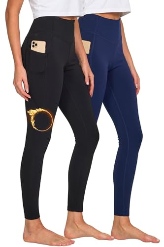 Ultra Performance Lightweight Brushed Fleece Lined Leggings Women 2 Pk High Waisted Compression Womens Leggings with Pockets Black/Navy