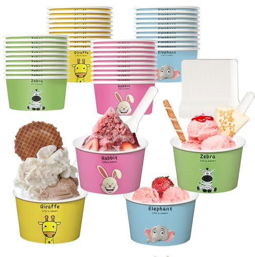 dellyy 40Pcs Coppette Gelato Carta, con 40 Cucchiai, Coppette Gelato Usa e Getta, Materiali Uso Alimentare, Coppe Carta Gelato con Graziosi Motivi Animali, per Torte, Gelati e Bevande (animale)