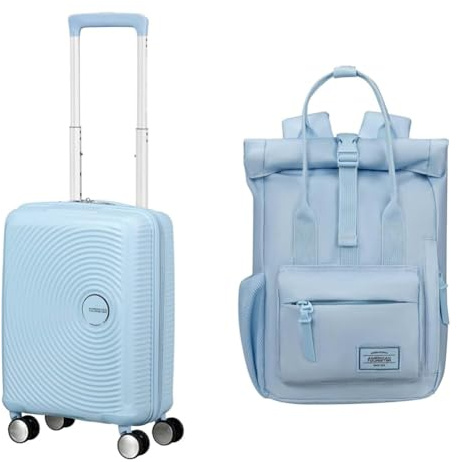 American Tourister Soundbox Mini & Urban Groove - Kinderkoffer, 47 cm, 22 L & Rucksack, 31 cm, 7 L - Mini-Reise-Set - Pastellblau