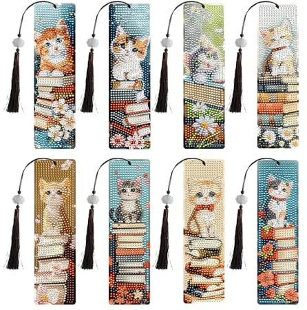 GROVBLE 8 Stück Lesezeichen Katze, Diamond Painting Lesezeichen, Diamond Painting Katzen, Geschenkideen Mädchen, Teenager Bastelset, DIY Geburtstagsgeschenke, für Mädchen und Katzenliebhaber