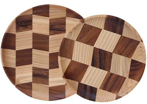 Set di 2 vassoi da portata rotondi in legno con bordi rialzati, motivo a scacchi, in legno naturale, decorazione per colazione o pranzo