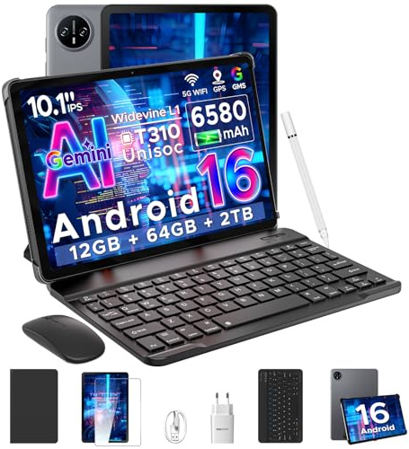 DOOGEE Tab A9 Android 16 AI Tablet 10 Zoll, Tablet mit Tastatur/Stift/Maus/Hülle, 6580mAh,12GB RAM+64GB ROM(TF 2TB), Unisoc T310, Dual Speaker, 5G WiFi, HD IPS Display, 8MP, GMS, BT5.0, 3.5mm, Face ID