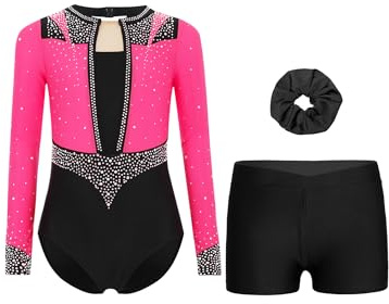Yruioon 3Pcs Mädchen Turnanzug Glitzer Gymnastikanzug Langarm Gymnastik Leotard mit Shorts Haarband Tanzanzug Wettbewerb Tanzkostüm