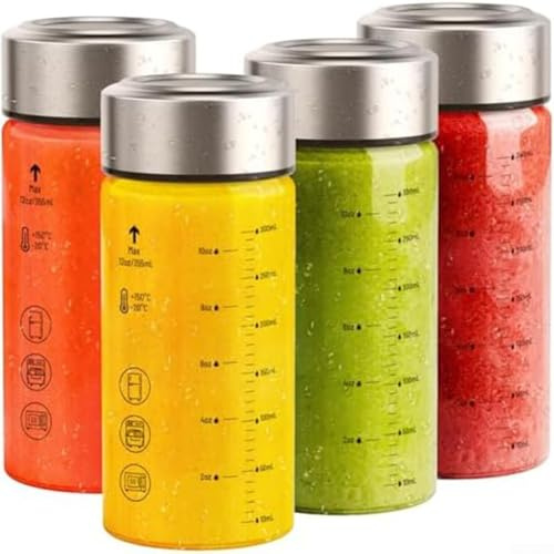 Botellas de jugo de vidrio de 12 onzas con tapa de acero inoxidable a prueba de fugas y sello de silicona, boca ancha para batidos gruesos, vidrio de borosilicato resistente al calor, juego de 4 para