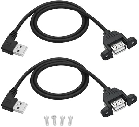 Riertostng 2Pcs 90 Degree USB A Panel Mount Extension Cable 2FT, Right Angle USB Type A Male to Female Socket Cable, 5V 2A Supports Charging and Data Transmission, with Screws,for USB Equipment