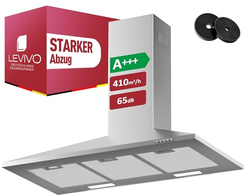 LEVIVO A+++ Dunstabzugshaube 90 cm Umluft & Abluft mit 410 m³/h Luftleistung, Abzugshaube mit 2 Aktivkohlefiltern, 3 Fettfiltern, 3 Leistungsstufen, 2 LEDs, Dunstabzug Wandhauben, Silber