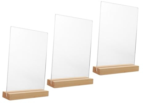 DEARMAMY 3 piezas Soporte Sobremesa Acrílico T Forma con Base Madera Expositor Vertical para Menús para Restaurantes Bodas y Oficinas Soporte Cartel Multifuncional Resistente y Fácil de