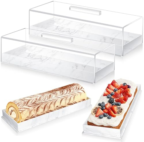 2Pcs Cake Tray with Lid, Rectangular Clear Acrylic Cake Stand for Cake Display, Mutifunctional Serving Tray with Marbleized Grain, Pastry Display Case for Party, Birthday, Dinner - White