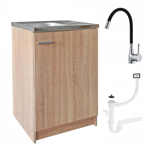 Stamar Mobiletto sotto lavello Armadietto da cucina 60 cm Sonoma lavello con rubinetto e sifone lavastoviglie completo pronto per il montaggio
