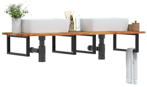 Frdhee Bademöbel, Waschbeckenregal Wandmontage Stahl und Akazienholz Waschtischplatte Für Aufsatzwaschbecken für Badezimmer, Wohnzimmer, Küche, platzsparend