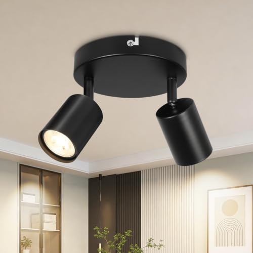 Dehobo Led Deckenstrahler 2 Flammig GU10 Deckenlampe Schwarz für Küche | Rund, Metall, 350° horizontal 90° vertikal drehbar, Max 50 W, Moderne für Wohnzimmer Schlafzimmer Ohne Leuchtmittel