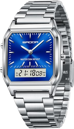 findtime Uhren Damen Herren Retro Business Klassische Quadratische Armbanduhr Edelstahlarmband Analog Digital 5ATM Wasserdicht LED Datum Wochentag DREI Zeitzonen Luxus Uhr