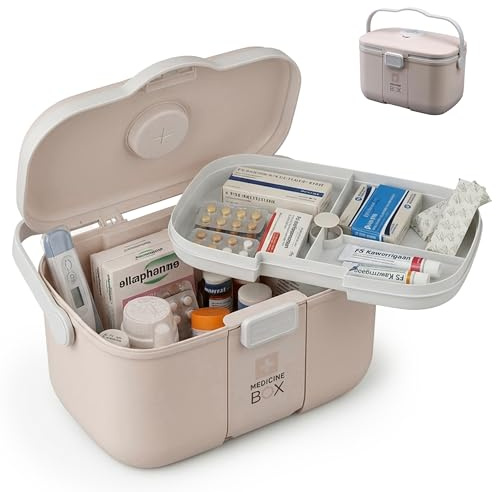 Relaxdays boîte à pharmacie 4 compartiments, compartiment pilules, beige | insert amovible, plastique, 17 x 28 x 18 cm
