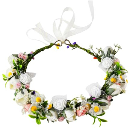 Nivofu Blomkrans för kvinnor av konstgjorda blommor, justerbar hårprydnad med band för bröllop, bohemisk festival och ceremoni