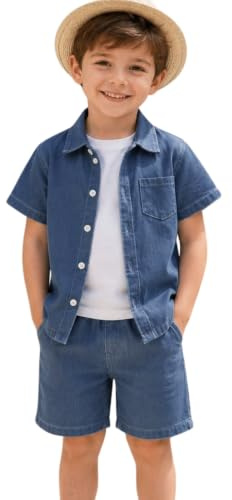 Xumplo Toddler Boys Denim 2-Piece Outfits Kids Short Sleeve Button Down Shirt + Shorts Set Childs Summer Clothes 3-7Y