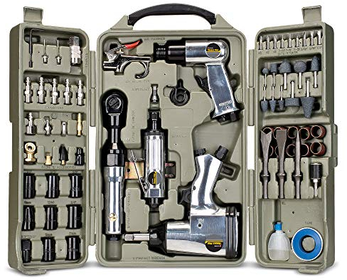 Trades Pro Air Tool and Accessories Kit, 71 Piece, Impact Wrench, Air Ratchet, Die Grinder, Aire Hammer, Hose Fittings, Storage Case - 836668