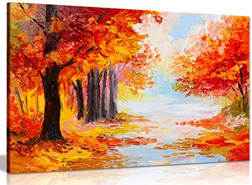 Oil Painting Landscape Colorful Autumn Forest Abstract Canvas Wall Art Picture Print (30x20in)