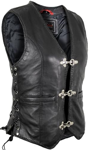 MDM Chaleco de cuero de cordero para mujer – Negro, Slim Fit, sin mangas, estilo biker (FR/ES, Letras, M, Regular, Regular, Negro)