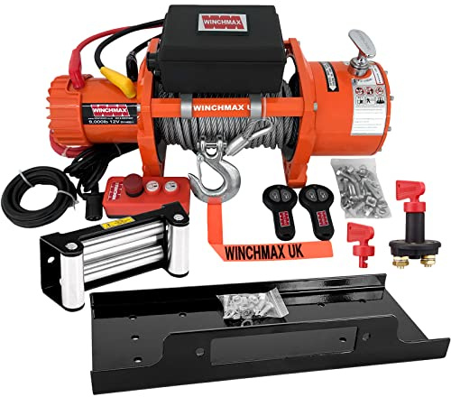 WINCHMAX Cabrestante 4082 kg (9000 LB) y 12 V. Cumple con la Norma EN14492. Cable de Acero de 24 m x 9 mm. Placa de Montaje y aislador de batería.