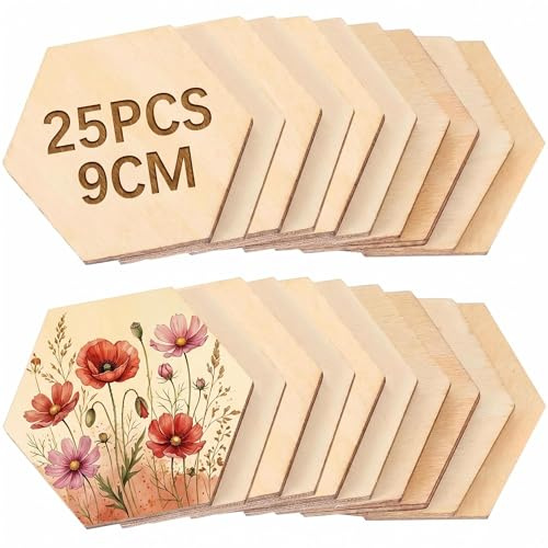Milisten 25 Stück Hexagon Holzscheiben 9cm - Unlackierte Sechseckige Holzstücke zum Bemalen - Naturbelassene Holzausschnitte für DIY Basteln Untersetzer und Hochzeitsdeko