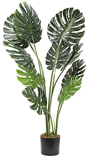MyGift 47 Inch Artificial Monstera Deliciosa Plant Faux Swiss Cheese Tropical Palm Tree in Black Planter Pot